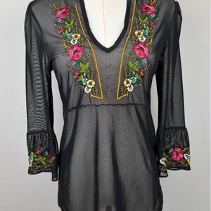 Express Black Sheer Floral Embroidered Mesh Tunic Top Boho Whimsigoth M